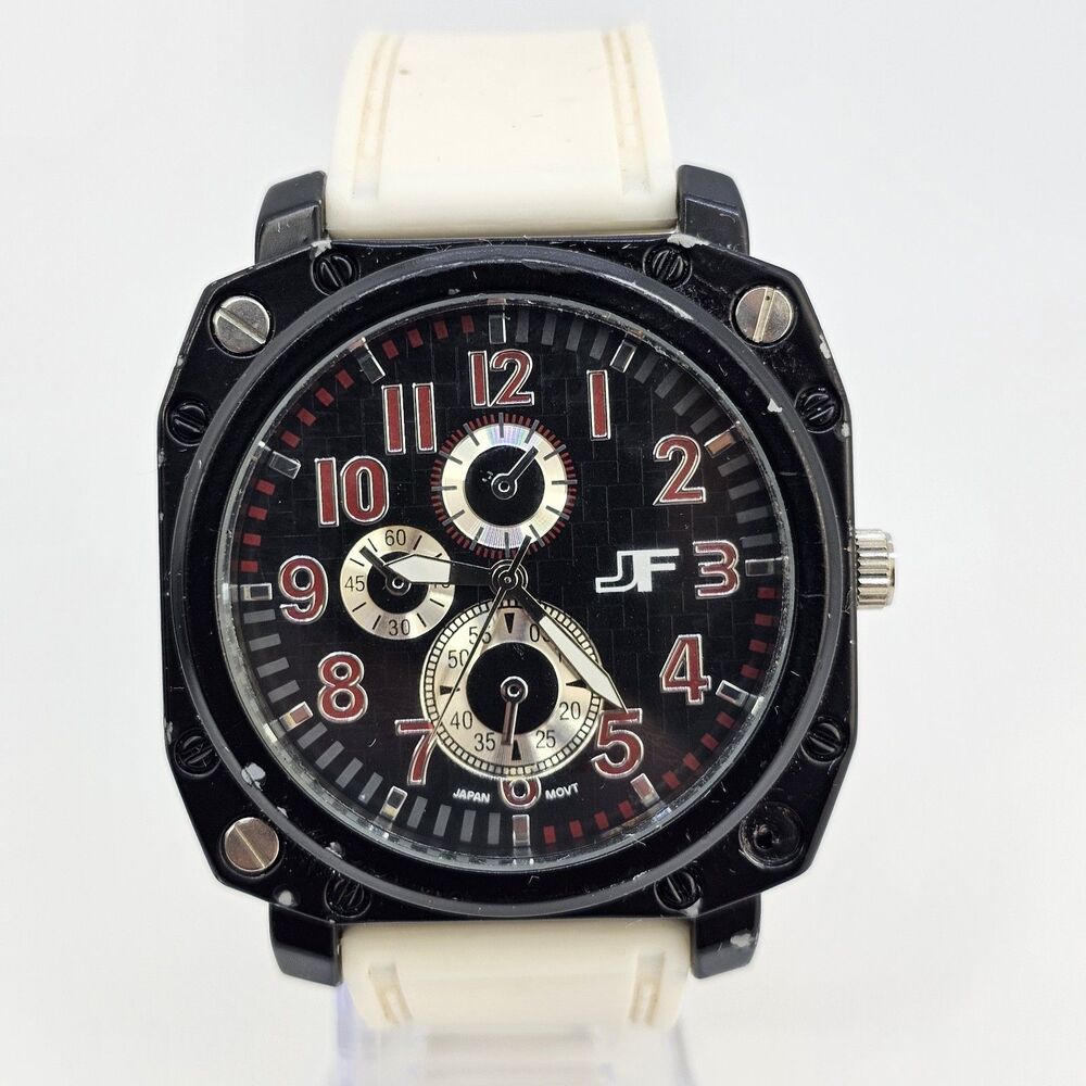 JF Men's Watch 50MM Black Large Case Black Dial White Plastic Bands New‎ Battery